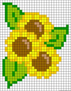 a cross - stitch sunflower is shown in yellow and green colors on a white background