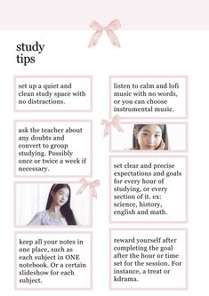 an info sheet with the words study tips on it and pictures of women's faces