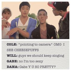 three young men standing next to each other in front of a sign that says coll pointing to camera omg i see cheese puffs