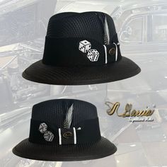 Handmade with the highest quality materials of 100% cotton string Non- Crushable Style: Classic Lowrider Derby Color: Black Hat Band: Black Embroidery: Dice Feathers: Matching to hat color scheme Brand: Garcia Signature Hats All sales are final  WWW.GARCIASIGNATUREHATS.COM Social Media  Facebook @garciasignaturehats Instagram @garciasignaturehats Black Curved Brim Fitted Hat For Summer, Black Fitted Hat With Curved Brim For Summer, Black Adjustable Brimmed Hat, Black Flat Bill Fedora For Summer, Black Flat Bill Hat Bands For Summer, Adjustable Black Panama Fedora Hat, Black Fedora With Adjustable Flat Bill, Adjustable Black Fedora With Flat Bill, Black Adjustable Hat With Short Brim