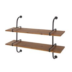 two wooden shelves with metal brackets on each shelf