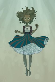 a drawing of a woman in a blue dress with her hair flying through the air