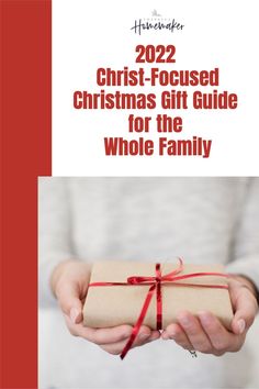 a person holding a wrapped gift in their hands with the text, 2020 christ - focused christmas gift guide for the whole family