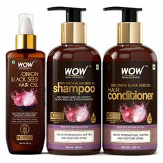 About this item Get strong and lustrous hair with WOW Skin Science Ultimate Onion Oil Hair Kit. This kit contains Onion Oil Shampoo, Onion Oil Conditioner and Onion Hair Oil which helps to revive your tired scalp and hair. Red onion extract, black seed oil aid in rejuvenating tired scalp and weak hair. This red onion extract and black seed oil infused in the shampoo, conditioner & hair oil improves circulation to the scalp and roots. The ultimate kit works on your hair to cleanse away buildup an Wow Hair, Wow Skin Science, Onion Oil, Hair Care Kit, Wow Hair Products, Hair Care Kits, Onion For Hair, Strengthen Hair Follicles, Weak Hair