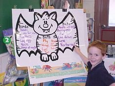 a young boy holding up a large poster with words written in the shape of a cat