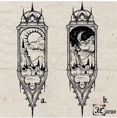 an old fashioned clock is shown in black and white with the image of a castle on it's side