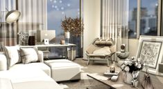 a living room filled with white furniture and large windows overlooking the cityscape at night