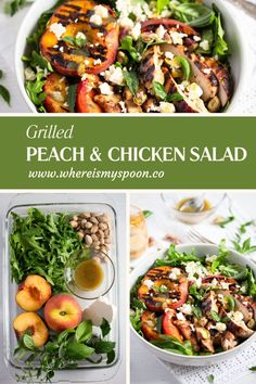 grilled peach and chicken salad is shown in three different photos with the title above it