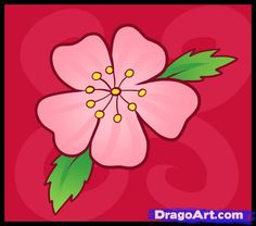 a pink flower with green leaves on a red background