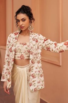 Ivory jacket with all over floral blossom print embellished by sequins. Comes with matching inner bustier and solid draped skirt. - Aza Fashions Ivory Drapes, Ivory Skirt, Embellished Skirt, Embellished Jacket, Blossom Print, Draped Skirt, Floral Jacket, Satin Color, Satin Skirt