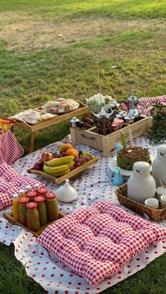 an outdoor picnic with fruit and juices on the grass, including milk jugs