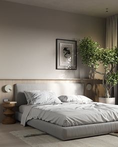 a bedroom with a bed, plant and pictures on the wall