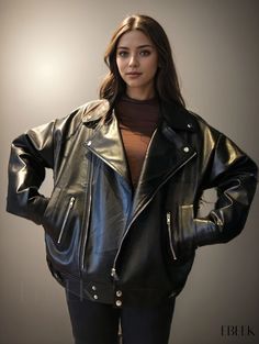 Ebeek - Vintage Long Sleeve Faux Leather Jacket with Zipper Closure and Lapel Collar, Ideal for Fall and Winter Season, Womens Fashion Outerwear Fashion Outerwear, Jacket With Zipper, Vintage Long Sleeve, Pocket Pattern, Faux Leather Jacket, Nice Leather, Faux Leather Jackets, Lapel Collar, Fall And Winter