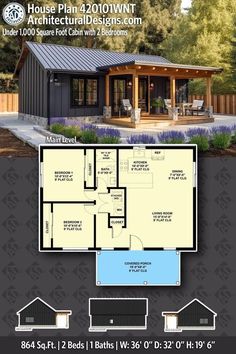 the floor plan for a small house with an attached porch and covered patio area,