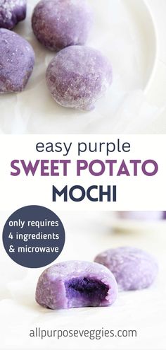 purple sweet potato mochies on a white plate with text overlay that reads easy purple sweet potato mochi