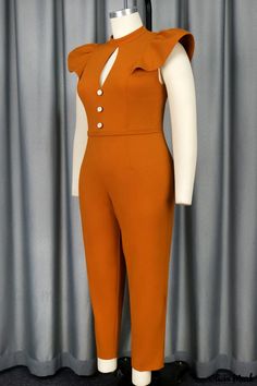 Olivia Mark - Chic Jumpsuit with Half Turtleneck and Patchwork Design Orange Jumpsuits And Rompers For Work, Orange Fitted Elegant Jumpsuit, Fitted Orange Jumpsuits For Work, Elegant Fitted Orange Jumpsuit, Fitted Orange Jumpsuits And Rompers For Work, Elegant Fitted Orange Jumpsuits And Rompers, Jumpsuit, Pattern, Design