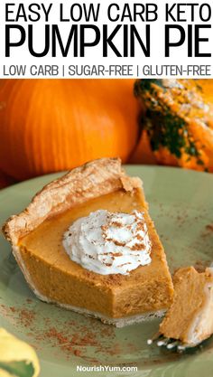 a slice of easy low carb keto pumpkin pie on a plate