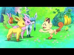 several pokemon characters are in the grass near some trees and bushes, one is pointing at another