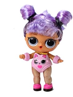 a doll with purple hair and big eyes