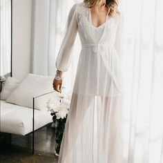 Beautiful Embellished White Robe For Wedding, Maternity, Special Occasion Photos. Pearl Bead Accents, Waist Eye Hook And Tie, Floor Length. Excellent Condition, Only Worn For 4 Hours. White Bridal Robe, Bridal Robe, Eye Hook, Bridal Robes, White Bridal, Sleepwear Robe, 4 Hours, Pearl Beads, Women's Intimates