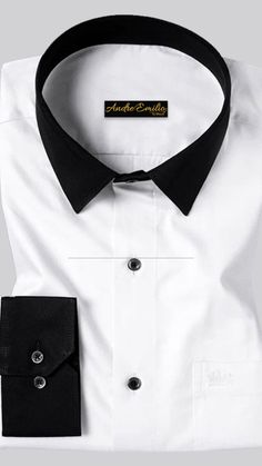 Buy online at andreemilio.com! Slim Fit white shirt with black collar. Crafted in premium cotton fabric, contrasts with black buttons and black cuff. Elegant Office Dress Shirt With Casual Collar, Classic Fitted Dress Shirt, Classic Black Formal Tops, Elegant Black Cotton Dress Shirt, Classic Black Shirt With Spread Collar, Classic Long Sleeve Shirt For Black Tie Event, Elegant Black Shirt With Casual Collar, Classic Fitted Shirt With Casual Collar, Classic Black Shirt With Fold Down Collar