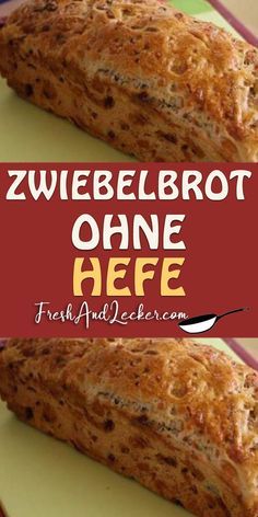 two pieces of bread sitting on top of a green cutting board with the words zuibelbrott ohne aefe