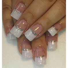 Wedding French Nails Sparkle, Cool French Nails, White Nail With Designs, Nails Ideas For Wedding, Bride Nails Ideas, White Nails With Silver Glitter, Nail Acrylic White, White Nail Acrylic, Banquet Nails