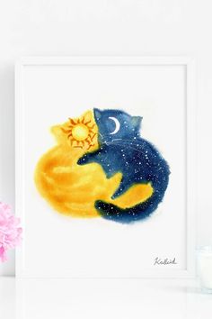 a watercolor painting of a cat sleeping on the moon