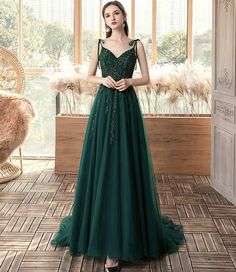 Green tulle lace long prom dress A line evening dress  Material: satin, beads  Product number: cute2073  Size: US 2, US 4, US 6, US 8, US 10, US 12 and Custom size  Custom made: For custom order, we need the following information in the order notes when you check out : Bust:______ Waist:______ Hips:_______ Shoulder to floor: _______  US 2     Bust(inch)32 1/2        Waist(inch)25 1/2    Hips(inch)35 3/4   Shoulder to Floor(inch)58 US 4     Bust(inch)33 1/2        Waist(inch)26 1/2    Hips(inch)3 Dark Green Dress Formal, Dark Green Ball Gown, Crystal Prom Dress, Green Evening Dress, A Line Prom Dress, Green Prom, Green Tulle, Long Formal Dress, A Line Evening Dress