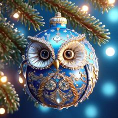 an owl ornament hanging from a christmas tree with blue lights in the background