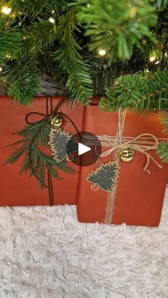 two planters with presents tied to them under a christmas tree