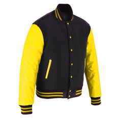 Varsity Letterman Baseball BLACK Wool and Yellow Genuine Leather Sleeves Jacket If your required Size & Color Combination is not listed then please contact with us We will respond you as soon as possible the estimated time is 12 Hours, All Sizes & Color Combinations are Available. The quality of the varsity jacket is the finest in the field. 100% high quality Wool. A fine quilt lining with Wool trimmed inside pocket are all part of the complete package. Each varsity jacket design is faithfully c Casual Yellow Outerwear For College, Yellow Varsity Winter Outerwear, Yellow Varsity Outerwear For Winter, Yellow Varsity Outerwear For College, Yellow Varsity Jacket For Streetwear, Yellow Varsity Jacket For College In Fall, Leather Sleeve Jacket, School Jacket, Varsity Letterman Jackets