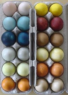 an open carton filled with different colored eggs