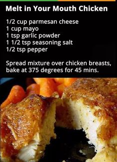 a menu with instructions on how to make meat in your mouth chicken and carrots