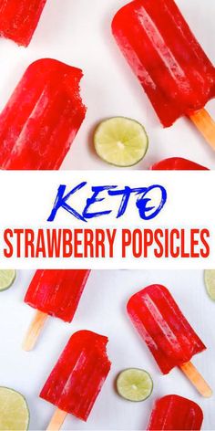 BEST Keto Strawberry Popsicles! EASY Low Carb Strawberry Lime Popsicle Recipe – BEST Snack, Desserts, or Parties Idea! Perfect keto food idea for dessert, snack or sweet treat for parties (birthday, pool, BBQ & more). 4 ingredient Strawberry Lime Popsicles- Healthy food - gluten free & sugar free. Simple keto desserts Strawberry Popsicles. Yummy keto recipes - check out how easy this low carb keto recipe is to make :) Simple Keto Desserts, Sugar Free Ice Pops, Popsicle Ideas, Strawberry Keto, How To Make Lollipops, Desserts Strawberry, Lime Popsicles, Strawberry Popsicles, Ice Pop Recipes