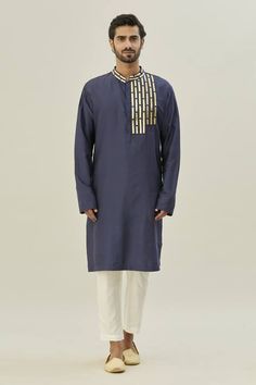 Dark blue kurta with acrylic embroidery. Paired with a pant. - Aza Fashions Blue Kurta, Band Collar, Pants Pattern, Pant Set, Embroidered Silk, Cotton Silk, Aza Fashion, Blue Man, Pants Set