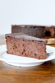 a piece of chocolate cake on a white plate