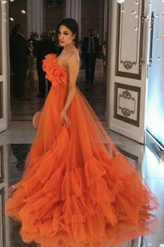 Orange Ruffles Tulle Evening Party Dresses Strapless Tiered Long Prom Dresses,PD22251 on Storenvy Wardrobe Change, Sweep Train Prom Dress, Special Occasion Gowns, Evening Party Dresses, Plus Size Prom, Dress Sleeve Styles, Plus Size Prom Dresses