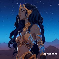 a woman with long black hair and gold jewelry standing in front of the night sky