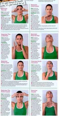 a woman doing yoga poses with her hands in front of her face and the instructions below