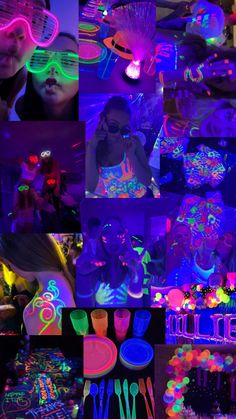 a collage of photos with neon lights and party items in the foreground, on top of a dark background