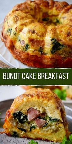 two images showing the inside and outside of a bundt cake with ham, spinach and cheese