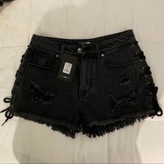 Super Cute Moto Shorts With Lace Up The Side. Never Worn, Run A Bit Small. High Waisted. New With Tags Low Waisted Black Shorts, Black Baggy Shorts, Emo Shorts, Short Black Shorts, Black Mini Shorts, Scene Shorts, Black Ripped Shorts, Goth Shorts, Shorts Ideas