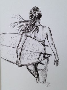 a drawing of a woman carrying a surfboard