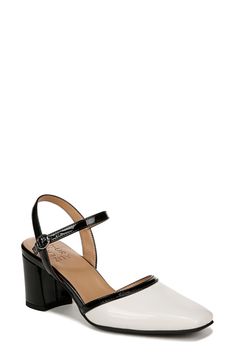 A glossy buckle anchors the skinny vamp strap of a versatile pump featuring a tapered square toe and wrapped block heel. 2 1/2" heel Adjustable ankle strap with buckle closure Synthetic and textile upper/synthetic lining and sole Imported Tapered Square, Anchors, Women's Pumps, Warm White, Block Heels, Ankle Strap, White Black, White And Black, Nordstrom