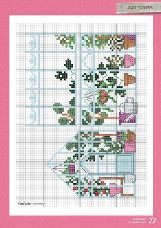 a cross stitch pattern with flowers and potted plants