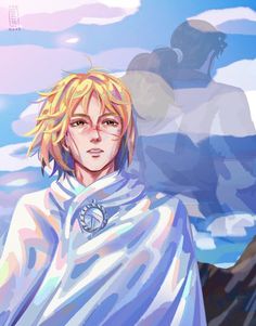 an anime character with blonde hair standing in front of a blue sky and mountain background