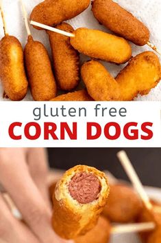 corn dogs on skewers with text overlay that reads gluten free corn dogs