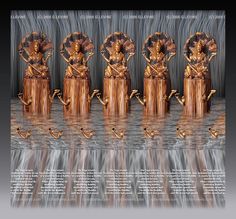 an image of four golden vases in the shape of angels with swords on them