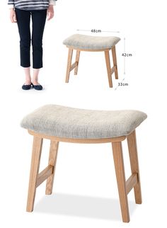 a woman standing next to a bench with measurements on it and the seat upholstered